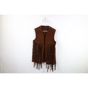 Vintage 60s 70s Boho Chic Womens Large Distressed Fringed Suede Leather Vest USA